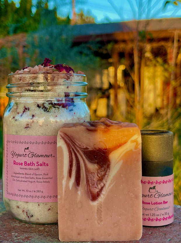 Rose Lovers Gift Pack | With Rose Yogurt Himalayan Bath Salt (10oz), Bulgarian Rose Valley Gem Bar (4oz), ZeroWaste Rose Body Lotion (1.25oz)- FarmStyle Cosmetics.-Yogurt Glamour Skincare-Yogurt Glamour Skin Care and Soaps