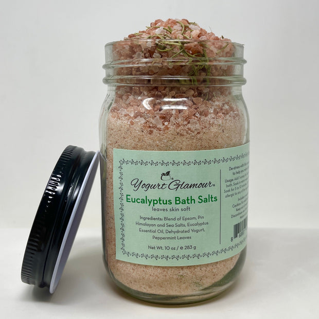 Eucalyptus Prebiotic Postbiotic Bath Salts - With Yogurt, Pink Himalayan Salt, Epsom Salt and Essential Oil of Eucalyptus (10oz)-Yogurt Glamour Skincare-Yogurt Glamour Skin Care and Soaps