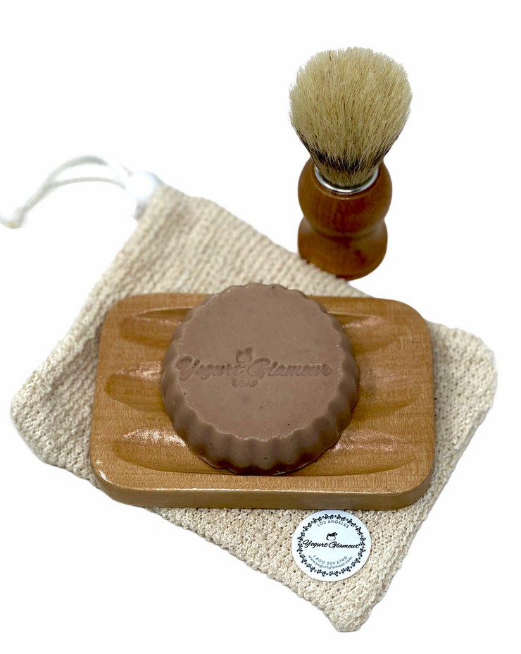 Zero Waste Shaving Set-With Sweet and Musky Handmade Shave Bar Soap, Natural Brush, Soap Saver and Wooden Dish-Yogurt Glamour Skincare-Yogurt Glamour Skin Care and Soaps